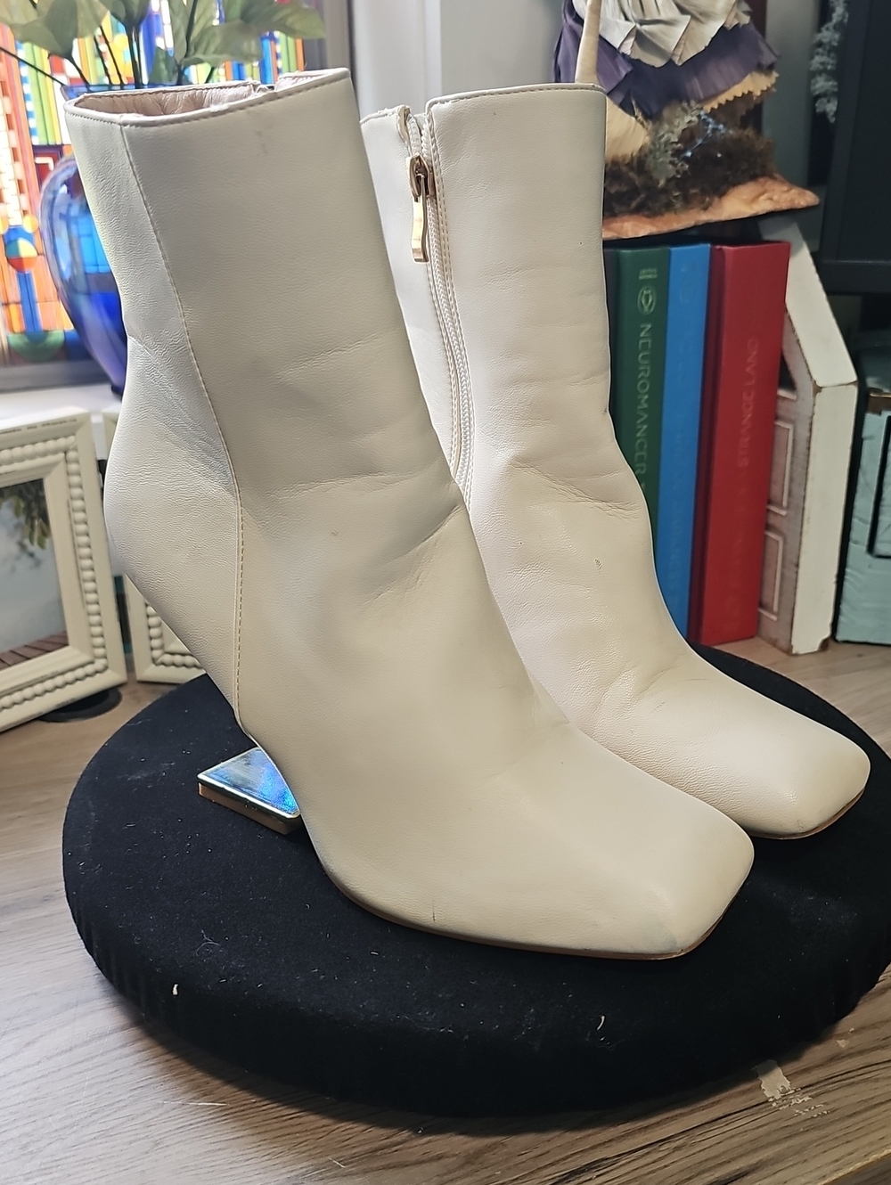 White Leather Ankle Booties with Metallic Block Heel